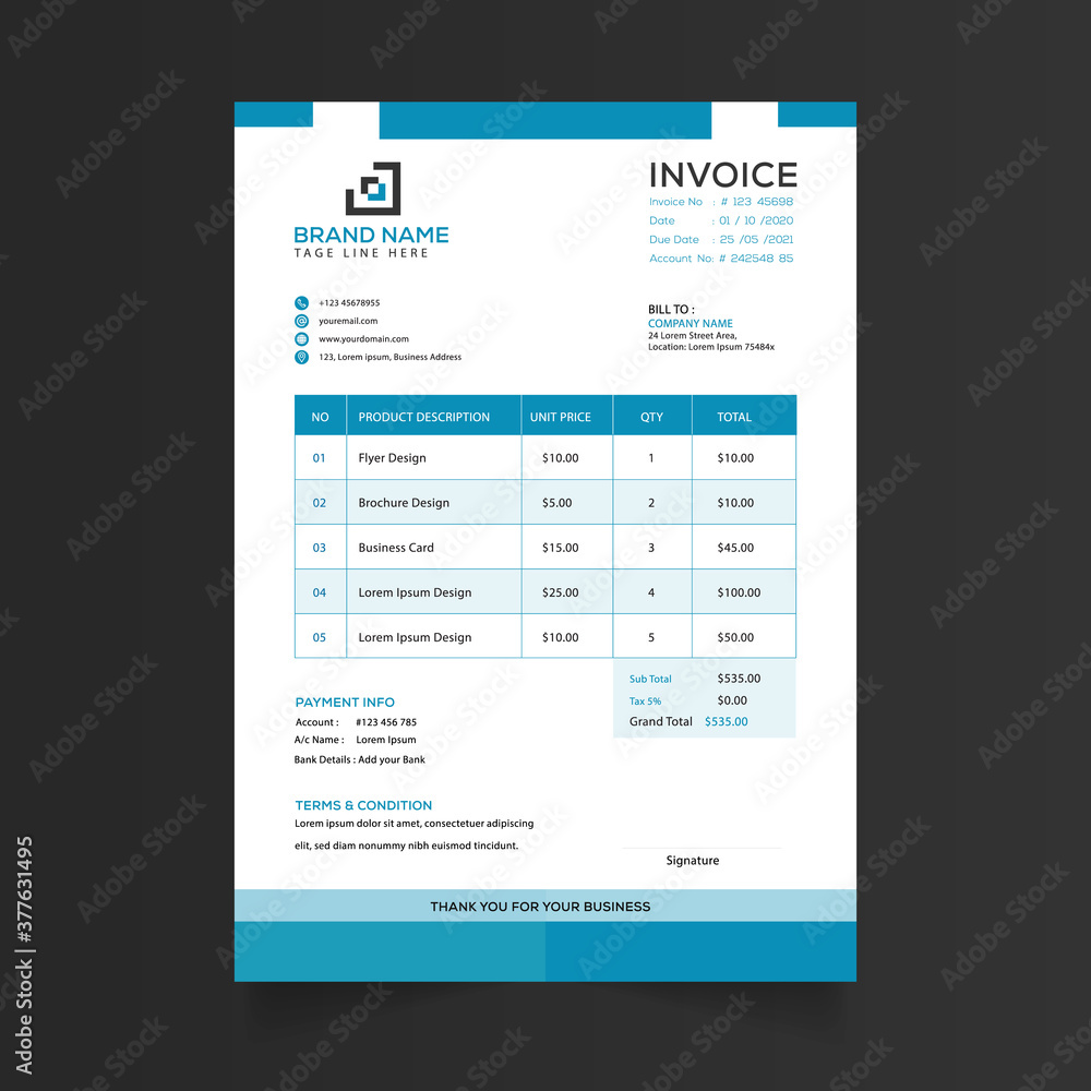 Modern business invoice template vector format, clean and minimal business invoice template Modern business invoice template vector format, clean and minimal business invoice template