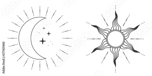 Sun and moon and stars in retro style isolated on white background. Vector illustration