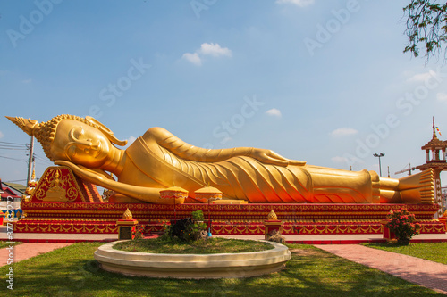 Gold reclining Buddha in Phra that luang Temple at Vientiane, Laos