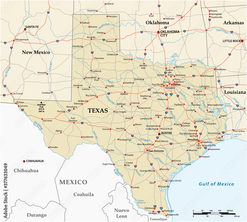 vector road map of the US state of Texas