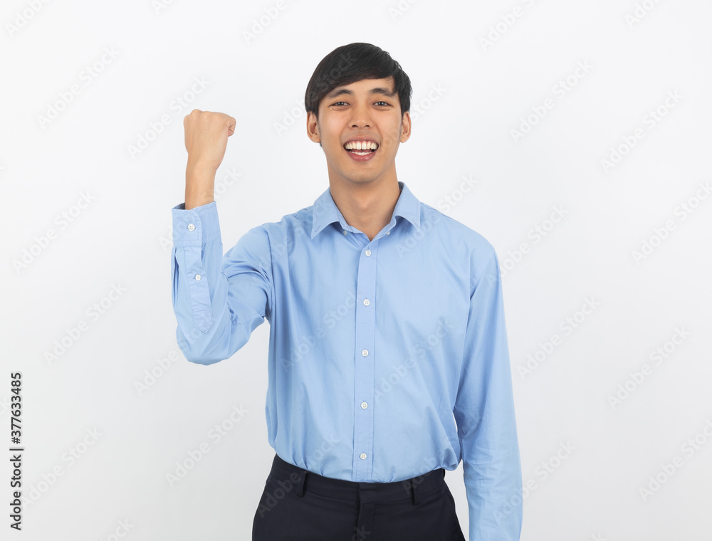 Excited young business Asian man raising his fists with happy delighted face, celebrating success isolated on white background. Excited young business Asian man raising his fists with happy delighted face, celebrating success isolated on white background.