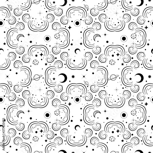 Bohemian seamless pattern with clouds, moon, stars in asian style. Trendy esoteric background.