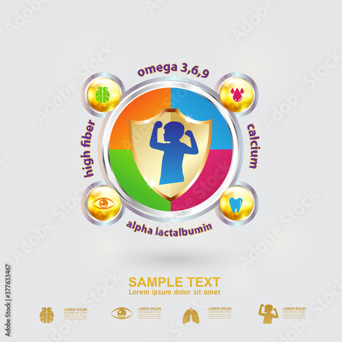 Omega Vitamin and Nutrients Logo Product for Kids Vector 