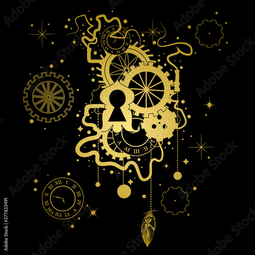 Graphic steampunk print. Vintage clocks and mechanism.