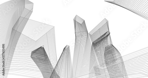 City skyscrapers sketch, architecture 3d illustration.
