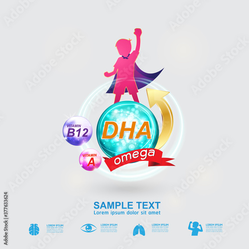 Omega Vitamin and Nutrients Logo Product for Kids Vector 