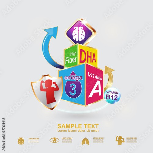 Omega Vitamin and Nutrients Logo Product for Kids Vector 
