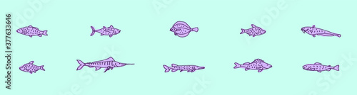 set of flounder fish cartoon icon design template with various models. vector illustration