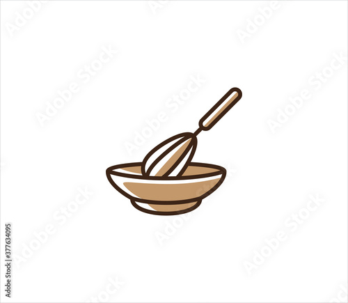 whisk inside a bowl vector icon in simple outline style for bakery and pastry shop