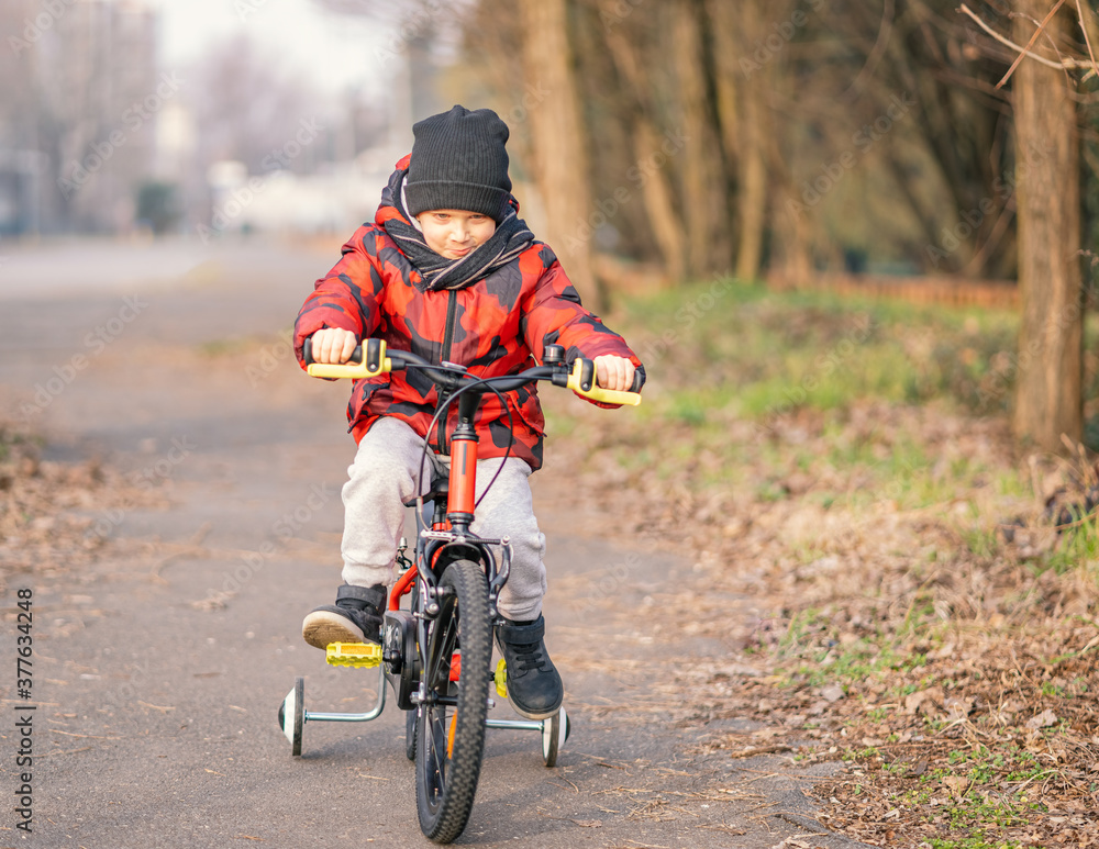 Cheerful little boy while riding bicycle in the park. Cheerful little boy while riding bicycle in the park.