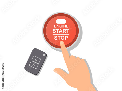 Engine or machinery Stop Start red control button with pointing finger and drop shadow, colored vector illustration