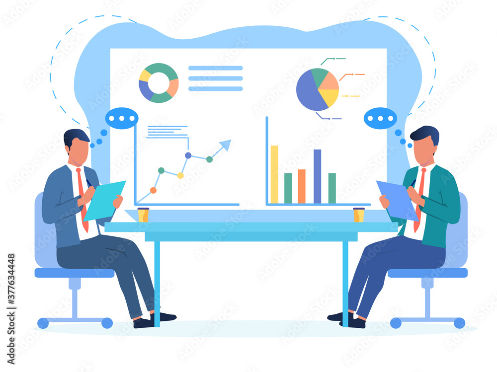 Two businessmen sitting discussing their affairs and analysing their statistical performance charts, colored vector illustration