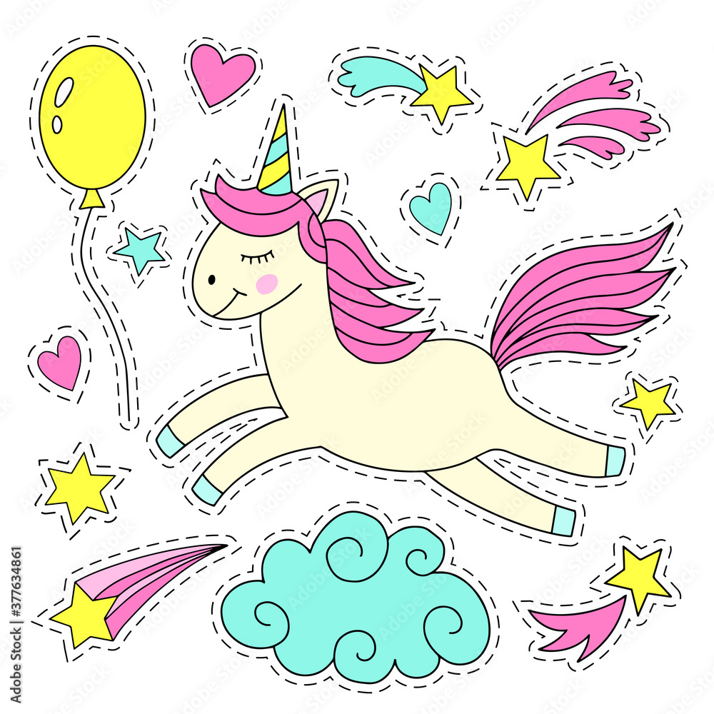 Set of magic elements and unicorn stickers. Set of magic elements and unicorn stickers.