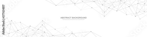 Website header or banner design with abstract geometric background and connecting dots and lines. Global network connection. Digital technology with plexus background and space for your text.