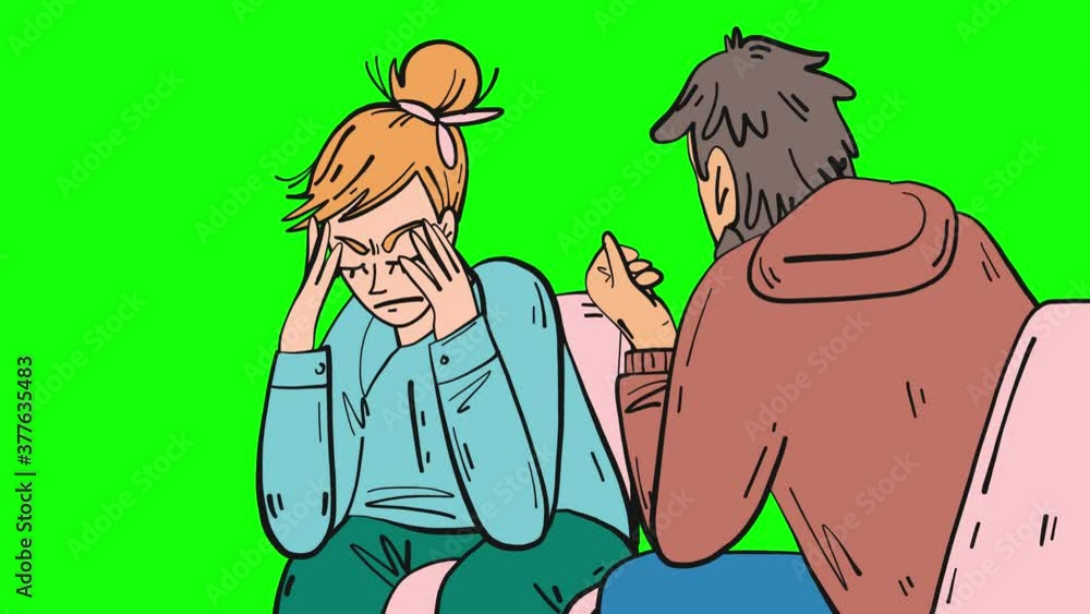 Man calms down a woman in stress looped cartoon animation isolated on green screen Man calms down a woman in stress looped cartoon animation isolated on green screen
