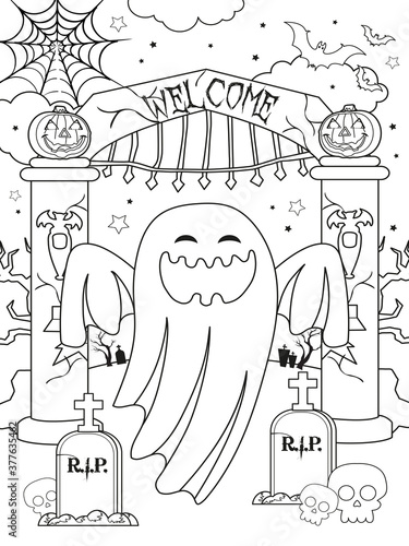 Halloween coloring page of white flying ghost on graveyard gate. Coloring page for the coloring book. 