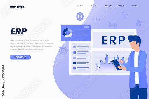ERP Enterprise resource planning landing page illustration, productivity and company enhancement. Illustration for websites, landing pages, mobile applications, posters and banners.
