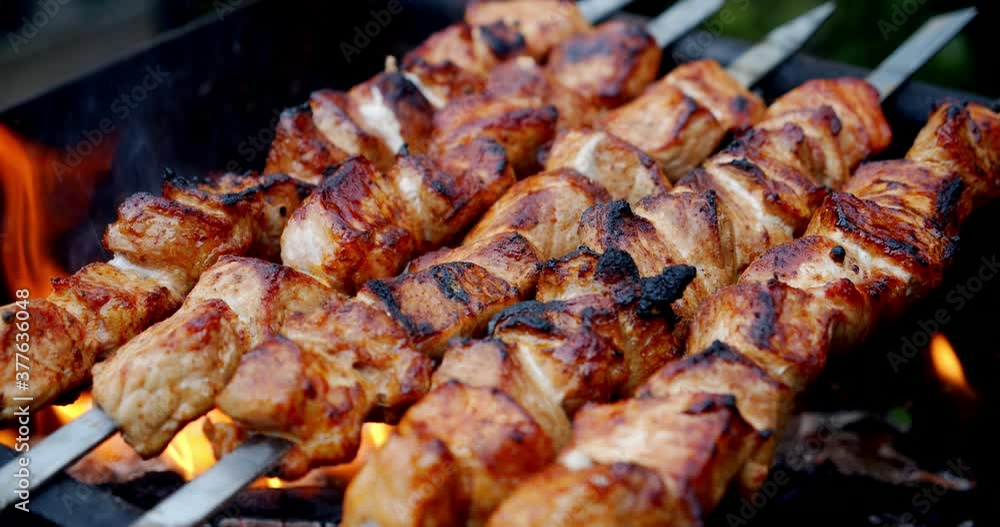 A kebab of fresh meat is fried on fire. A kebab of fresh meat is fried on fire.