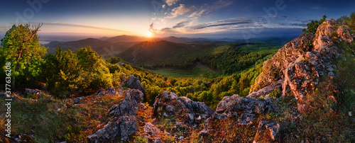 Panoramic view of idyllic mountain scenery in the Carpathian with fresh green forest in springtime.