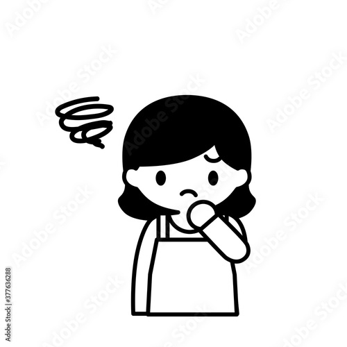 困っているエプロン姿の女性のシンプルなモノクロイラスト