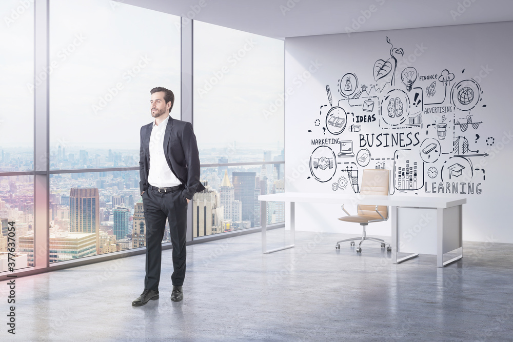 Man in office and his business plan Man in office and his business plan