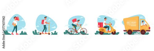 Delivery courier service, express delivering icons vector flat cartoon. Delivery couriers on bicycle or moped scooter, logistics truck and courier man or boy delivering red parcel box with orders