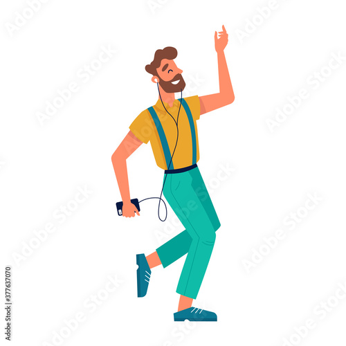 Guy dancing with smartphone, listening music in headphones, vector flat isolated character. Young man or teenager boy in earphones listen music and dance with mobile phone player