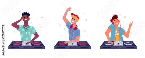 DJ boys play music in headphones, spinning discs at turntable, vector isolated flat set. DJ guys of different nationalities black or Afro American, Latino and white European, playing music records
