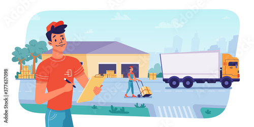 Delivery logistics at warehouse, parcels loading or unloading by workers to shipping truck, vector flat design. Delivery and shipment transport, cargo freight warehouse logistics of parcel boxes