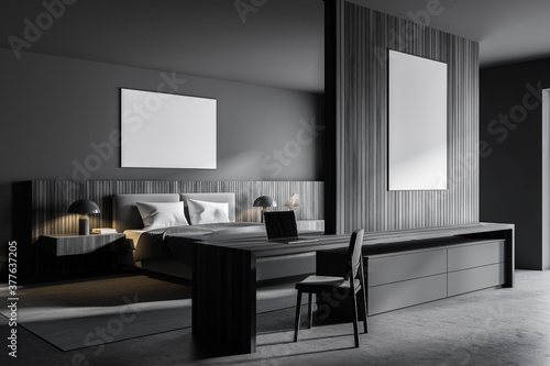 Gray bedroom corner with home office © ImageFlow