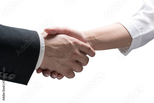 Man and woman shaking hands, isolated