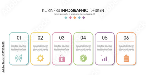 Business infographic template with icons and 6 options. Timeline. Vector