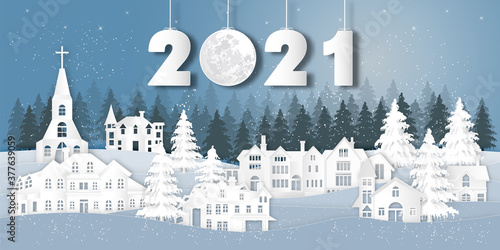 Paper art , cut and digital craft style of house village in the snow wintry season with trees as Merry Christmas and Happy New Year 2021 concept. vector illustration