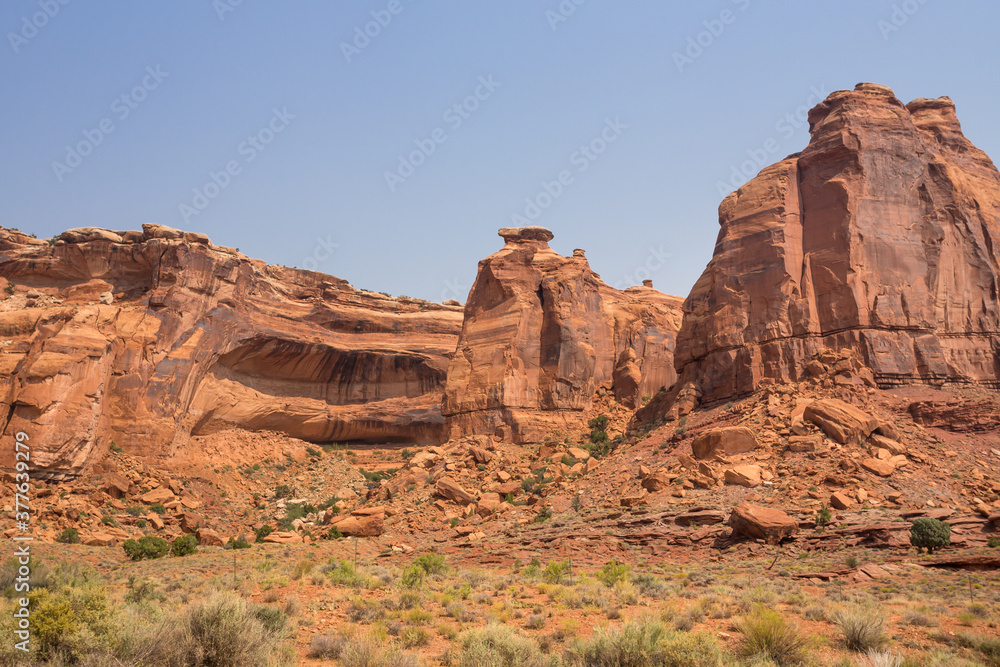 Crumbling rock formations and rocks falling down into Arches National Park, Utah. Typical view of the crumbling rock of sandstone Crumbling rock formations and rocks falling down into Arches National Park, Utah. Typical view of the crumbling rock of sandstone