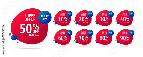 Sale tags set vector badges template, up to 10, 20, 90, 80, 30, 40, 50, 60, 70 percent off, vector illustration. Discount banner for social media. 