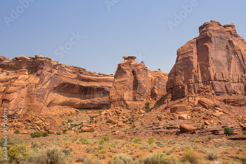 Crumbling rock formations and rocks falling down into Arches National Park, Utah. Typical view of the crumbling rock of sandstone
