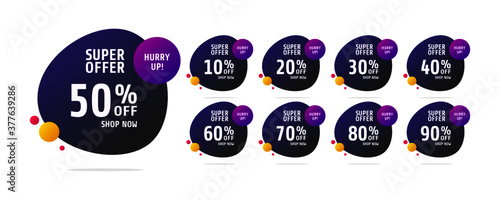 Sale tags set vector badges template, up to 10, 20, 90, 80, 30, 40, 50, 60, 70 percent off, vector illustration. Discount banner for social media. 