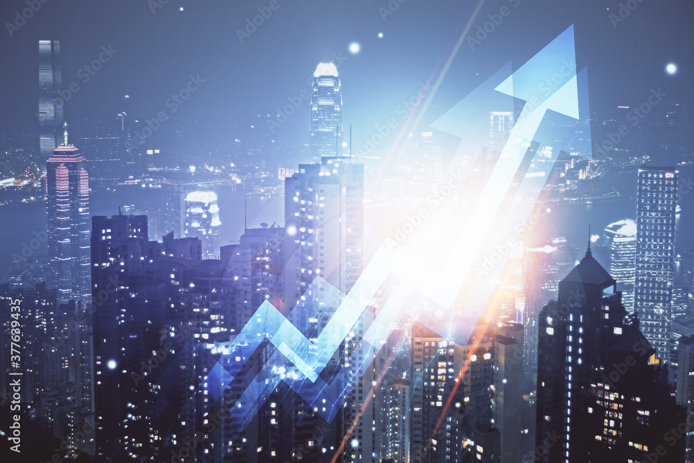 Obraz premium Double exposure of arrows growing up hologram and cityscape background. Concept of success.