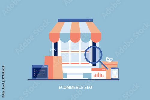 Online shopping. Ecommerce shopping web store  on computer screen. Digital payment, home delivery, mobile shopping app. Ecommerce shop optimization, seo for online shopping store concept.