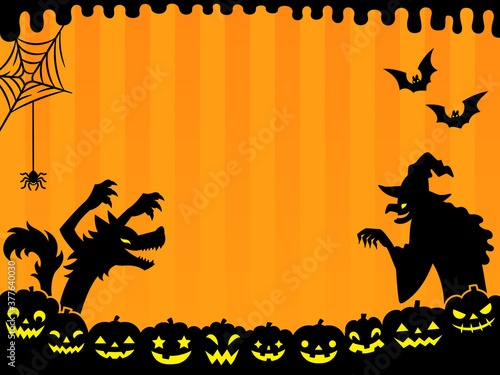 ハロウィンのシルエット背景（狼・魔女・カボチャ・蜘蛛の巣）