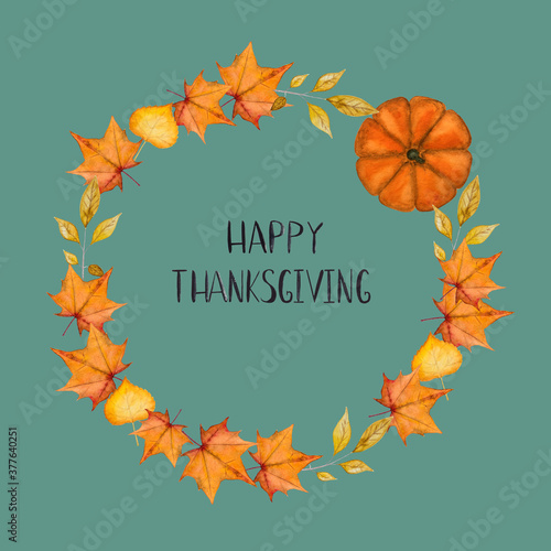 Happy Thanksgiving. Inscription on the background of a wreath. Beautiful greeting card. Close-up. National holiday concept. Congratulations for family, relatives, friends and colleagues