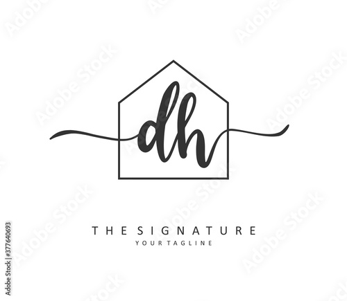D H DH Initial letter handwriting and signature logo. A concept handwriting initial logo with template element.