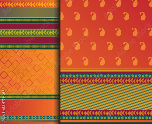 Indian Pattu Sari Vector pattern set. Traditional handmade Indian silk sari /saree with golden details, woman wear on festival, ceremony, and weddings.