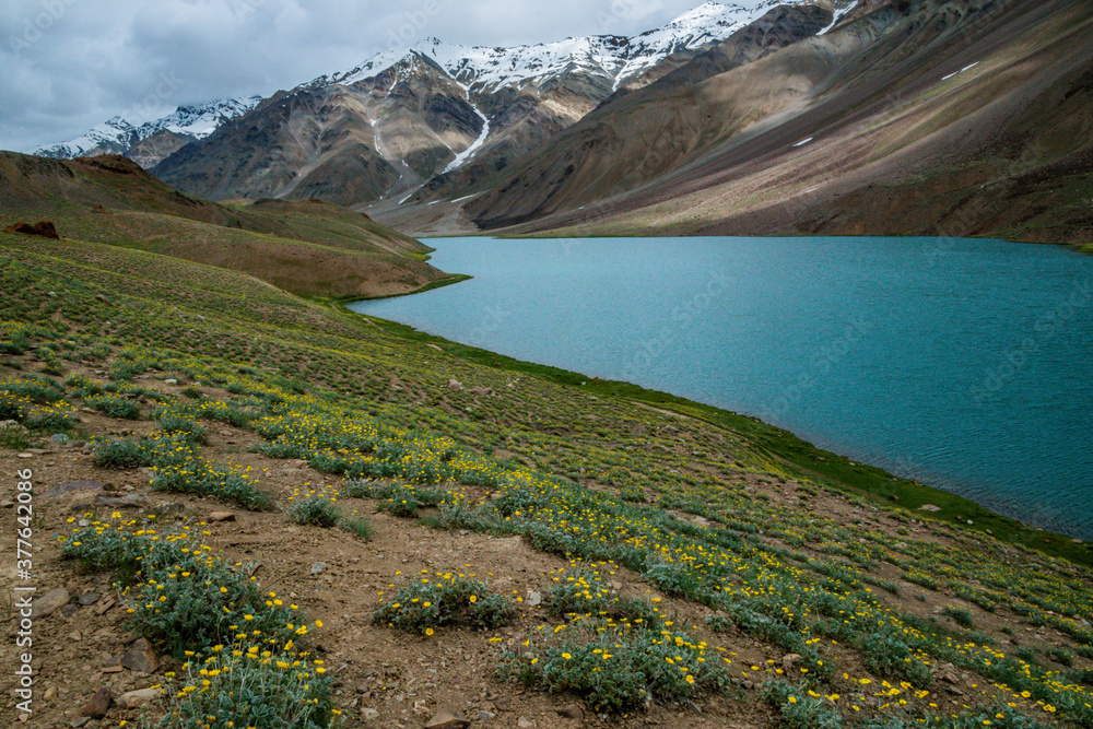Fototapeta premium Chandratal lake on a cloudy day