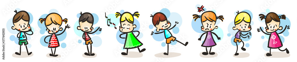 Collection of happy cartoon kids, colored hand drawn doodle outline style Collection of happy cartoon kids, colored hand drawn doodle outline style