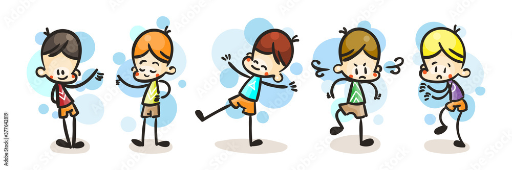 Collection of happy cartoon kids, colored hand drawn doodle outline style