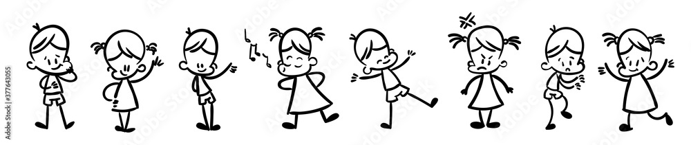 Collection of happy cartoon kids, lined hand drawn doodle outline style Collection of happy cartoon kids, lined hand drawn doodle outline style