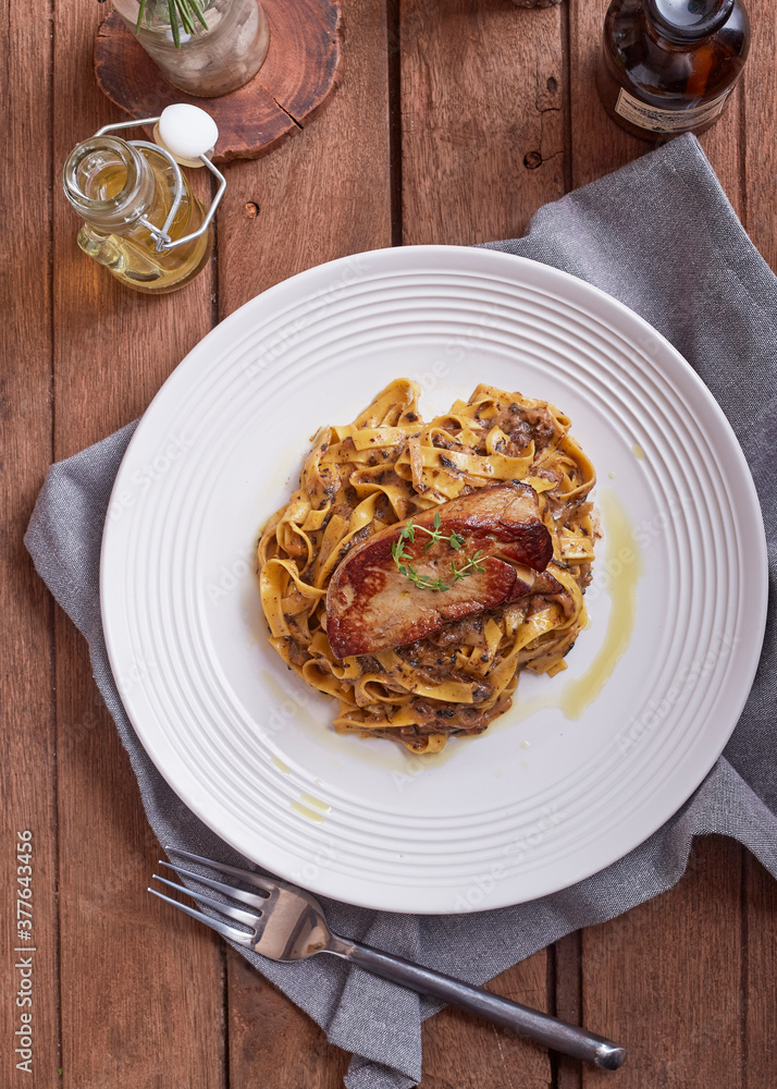 Grilled Foie gras steak with with Fettuccine pasta Grilled Foie gras steak with with Fettuccine pasta