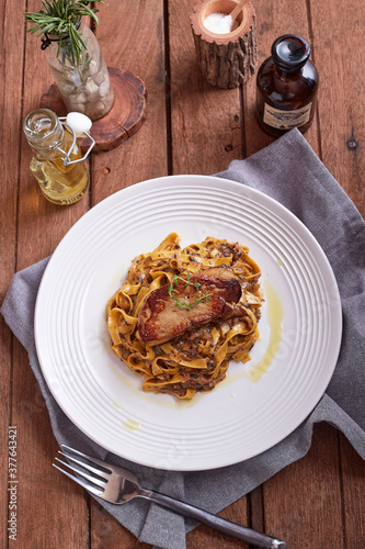 Grilled Foie gras steak with with Fettuccine pasta