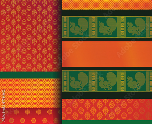 Indian Pattu Sari Vector pattern set. Traditional handmade Indian silk sari /saree with golden details, woman wear on festival, ceremony, and weddings.